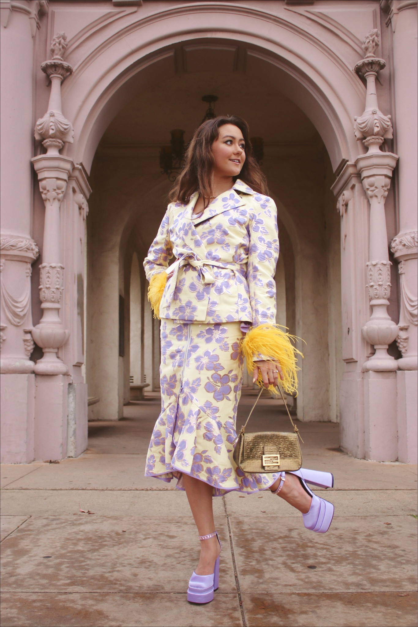 Co ord set, skirt set, spring outfit, feminine style, feminine outfit, jacquard blazer, yellow blazer, yellow skirt, purple blazer, purple skirt

#LTKFind #LTKshoecrush #LTKstyletip