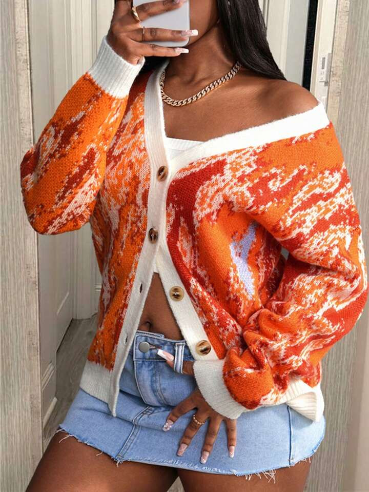 SHEIN Slayr Casual Bear Print Buttoned Long Sleeve Knit Cardigan For Home/Loungewear | SHEIN