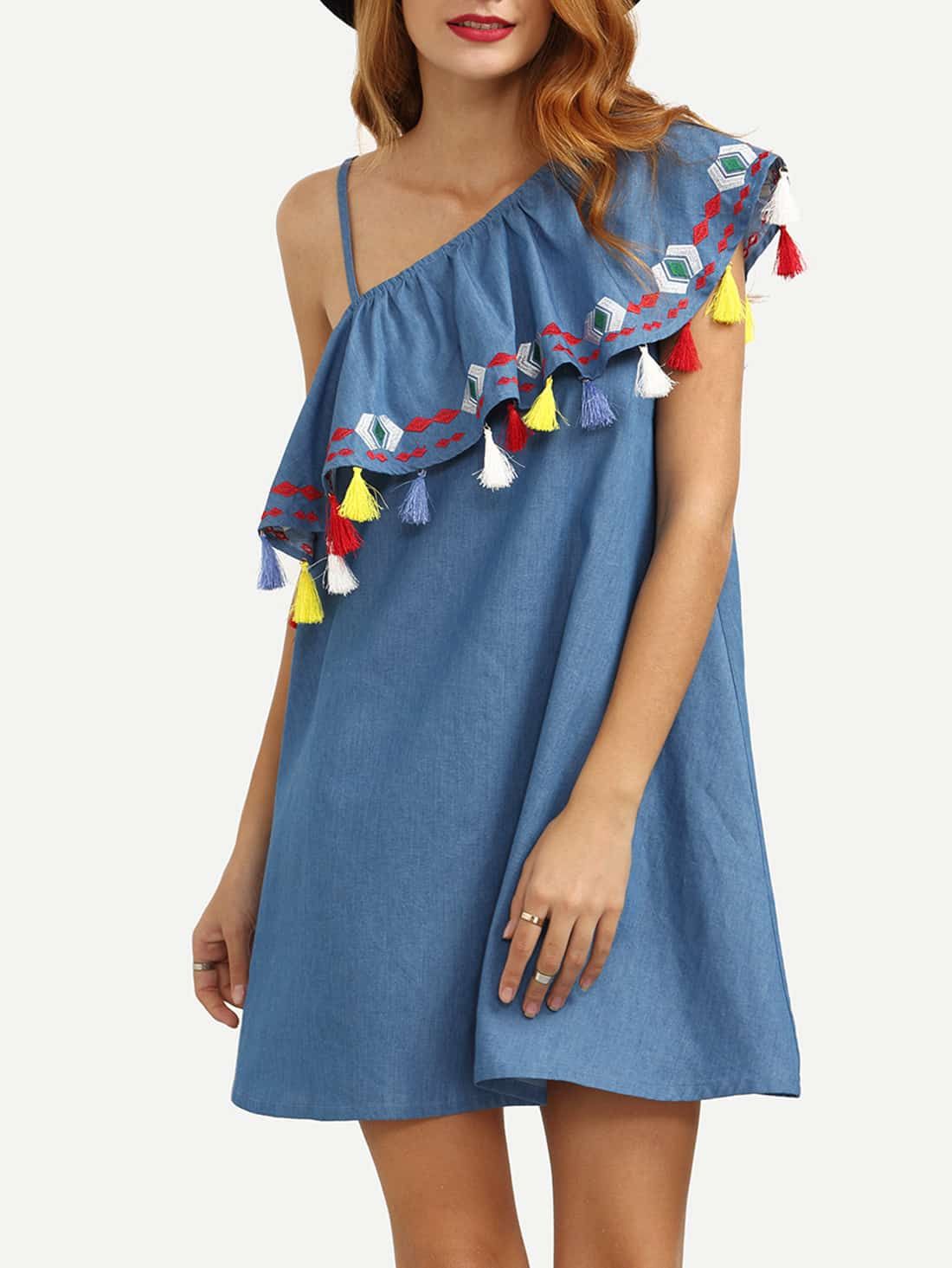 Blue One Shoulder Ruffle Tassel Embroidered Dress | SHEIN