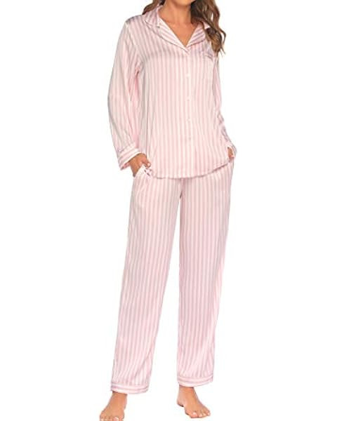 Serenedelicacy Women's Satin Pajama Set Long Sleeve Button Down Sleepwear 2-Piece Striped Silky P... | Amazon (US)