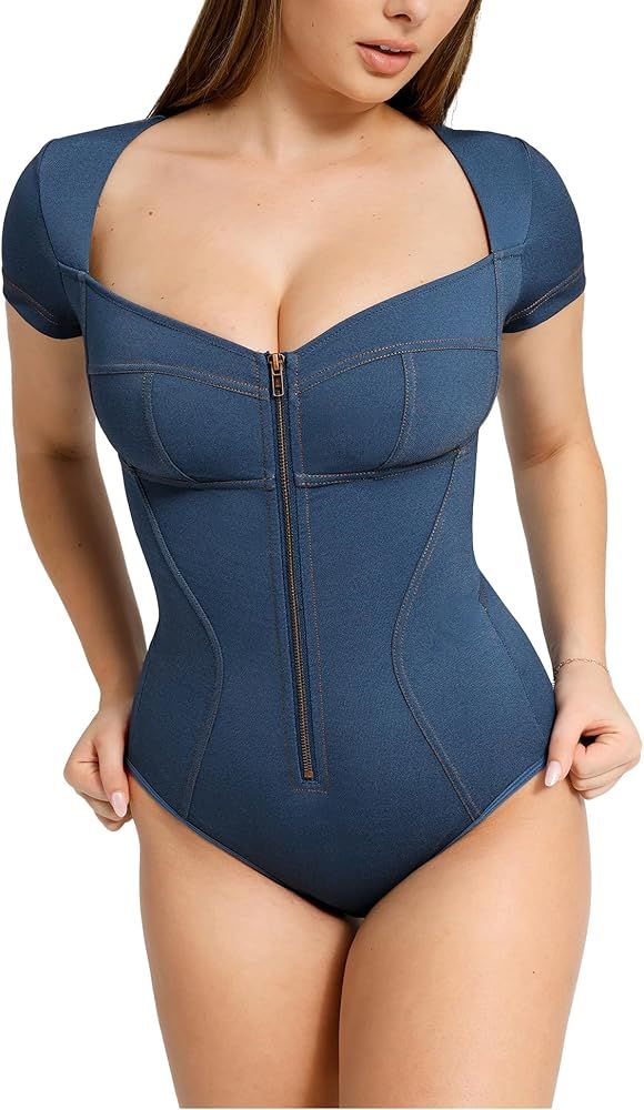 Popilush Denim Shapewear Bodysuit Tummy Control - Denim Thong Bodycon Bodysuit Short Sleeve Squar... | Amazon (US)