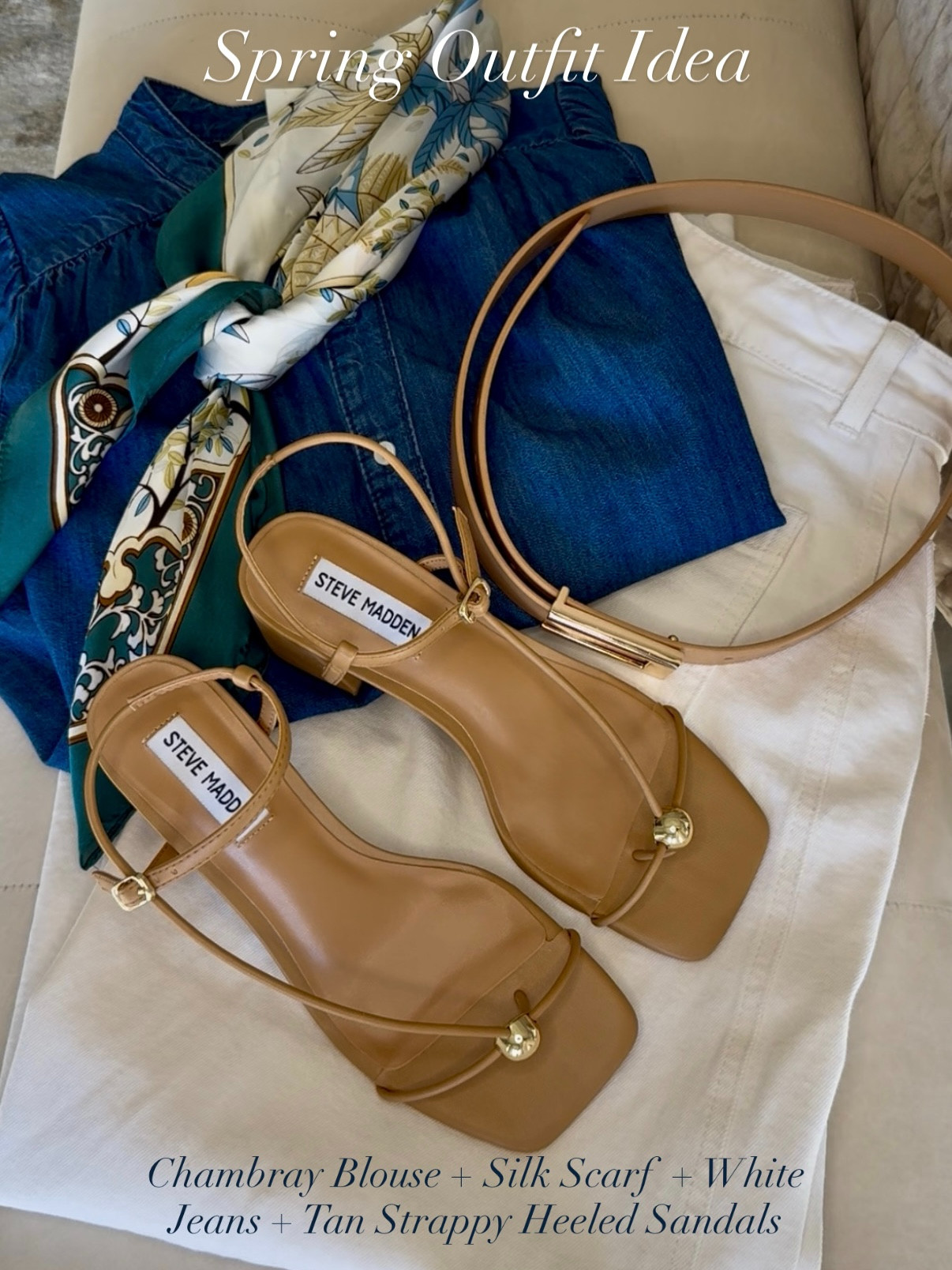 One of those outfits that just works every time! A simple mix of denim, white jeans, and a few accessories, finished with these tan strappy heels that pull it all together. Even better, @dsw is offering 25% off on select styles right now. 

 #mydsw #ad