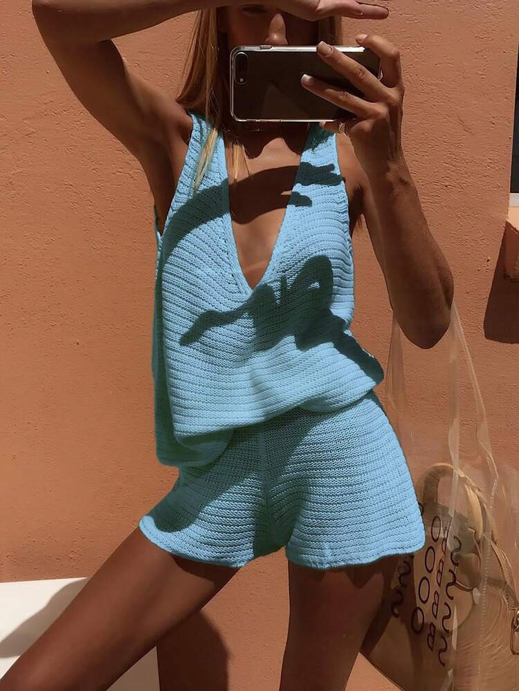 Women's Knit Sexy Top And Shorts Set, Suitable For Daily Wear, Vacation, And Sexy Style | SHEIN