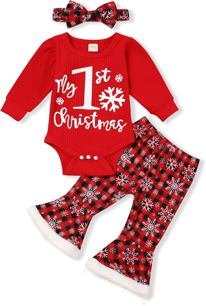 My First Christmas Outfit Newborn Baby Girl Bodysuit Snowflake Plaid Ruffle Bell Bottom Pants Hea... | Amazon (US)
