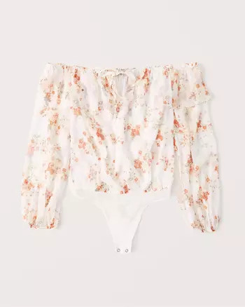 Abercrombie & Fitch Womens Off-The-Shoulder Chiffon Bodysuit in White Floral - Size XS | Abercrombie & Fitch US & UK