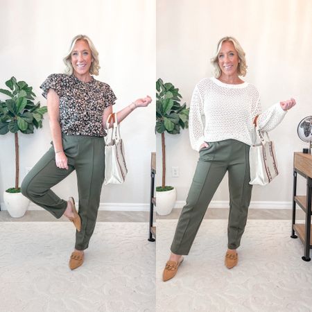 $25 pull on pants - color: olive, size: small. I recommend sizing down. 
Flutter sleeve top - size small. $13.98.
Open knit sweater - size medium.
Mules - tts. 
Work wear. Teacher outfit. 

#LTKstyletip #LTKBacktoSchool #LTKworkwear