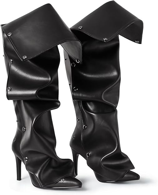 Denim Knee High Boots Black Stiletto Heel Pointed Toe with Detachable Silver Buckle and Floral Em... | Amazon (US)