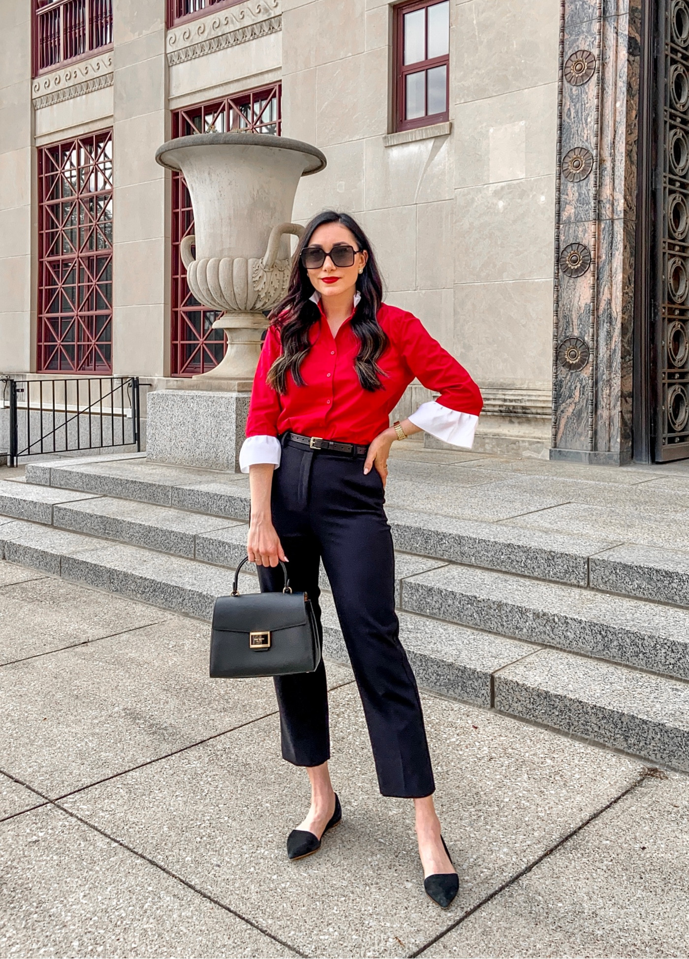 Classic work outfit ❤️🖤

Red 3/4 sleeve button up with ruffle collar and sleeves size small, TTS 
Black pants size 4, TTS
Black flats size 6.5 (fit bit, size down half to full size)

*top was received as a paid partnership 

Preppy outfit, work style, business casual 

#LTKstyletip #LTKworkwear #LTKFind
