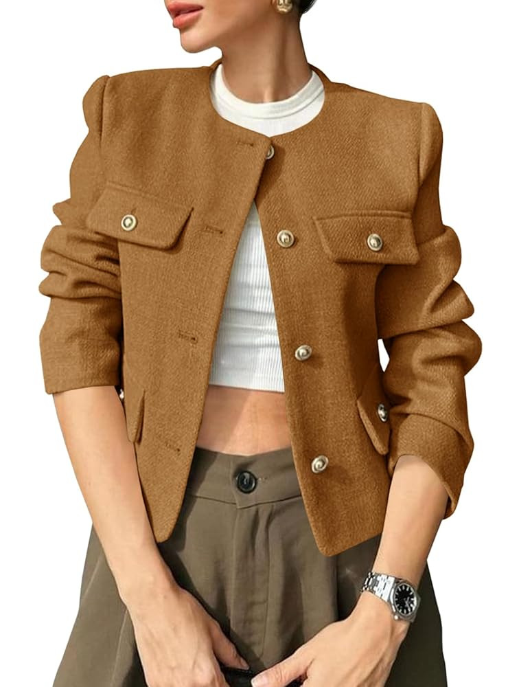 Cicy Bell Womens Cropped Tweed Blazers Jacket Collarless Button Down Business Casual 2025 Fall Ou... | Amazon (US)
