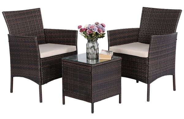 Easyfashion 3 Pieces Suit Wicker Set Rattan Chairs and Coffee Table with Beige Cushion PE | Walmart (US)