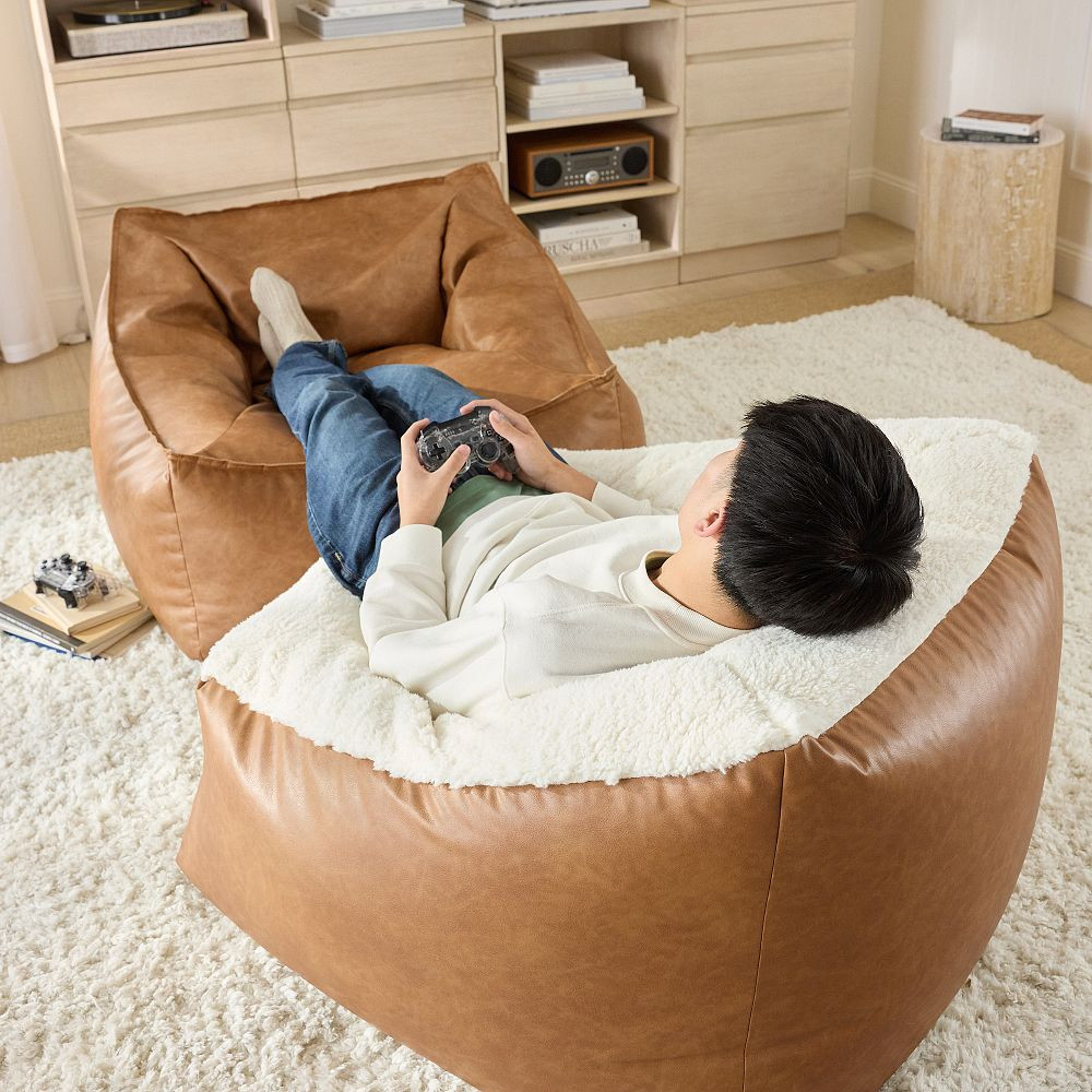 Large Faux Leather Caramel & Sherpa Ivory Modern Bean Bag Lounger | Pottery Barn Teen