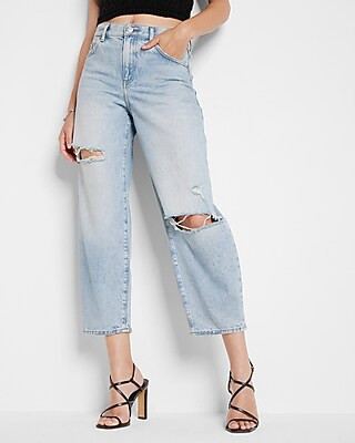 High Waisted Light Wash Ripped Balloon Leg Jeans | Express