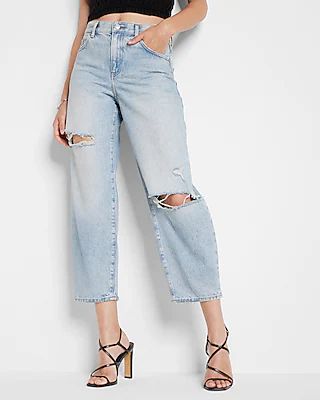 High Waisted Light Wash Ripped Balloon Leg Jeans | Express