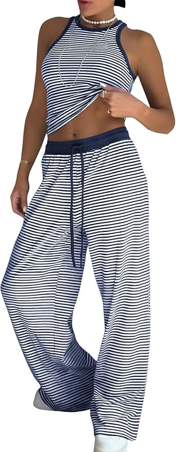 EXLURA Womens Cotton Summer 2 Piece Outfits Striped Halter Tops Matching Wide Leg Pant Sets Loung... | Amazon (US)