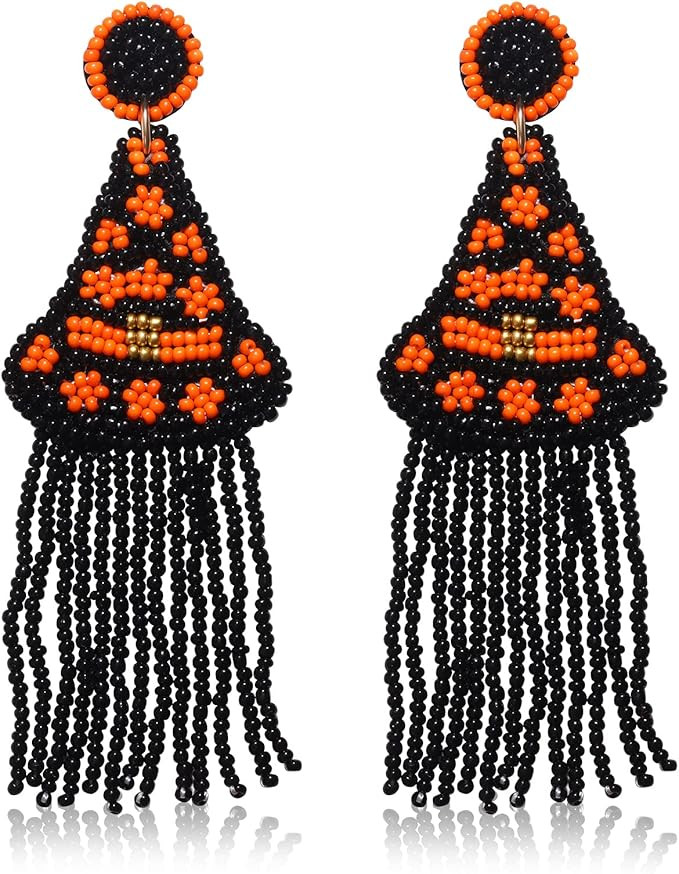 Amazon.com: Boderier Halloween Earrings Beaded Pumpkin Witch Hat Ghost Dangle Earrings Statement ... | Amazon (US)