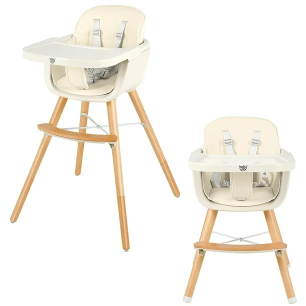 Babyjoy 3 in 1 Convertible Wooden High Chair Baby Toddler Highchair w/ Cushion Beige | Walmart (US)