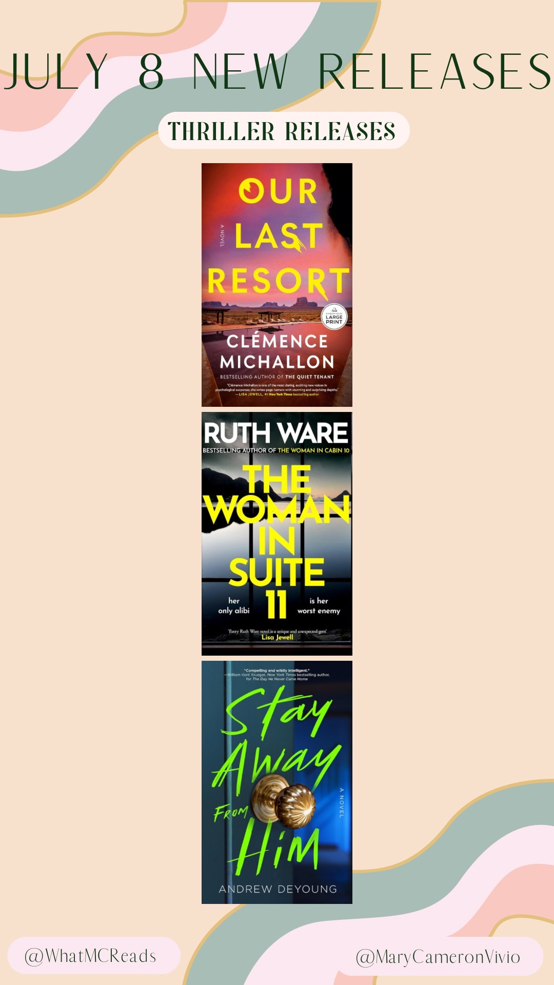 Ready for your next obsession? 🖤

These July 8 thriller releases will have you double-checking the locks and reading way past midnight:

🔪 Our Last Resort - Clemence Michallon
🔪 The Woman in Suite 11 - Ruth Ware
🔪 Stay Away from Him - Andrew DeYoung

Twists, secrets, and suspense await - don’t say I didn’t want you 📖

Thriller books, new book releases, July 8 books, psychological thriller, new thrillers 

#LTKFindsUnder100 #LTKFindsUnder50 #LTKHome