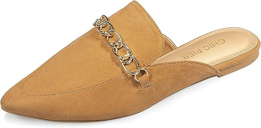 PARTY Women's Flat Mules Chain Closed Pointed Toe Mule Backless Slides Mules Slip On Loafer Shoes | Amazon (US)
