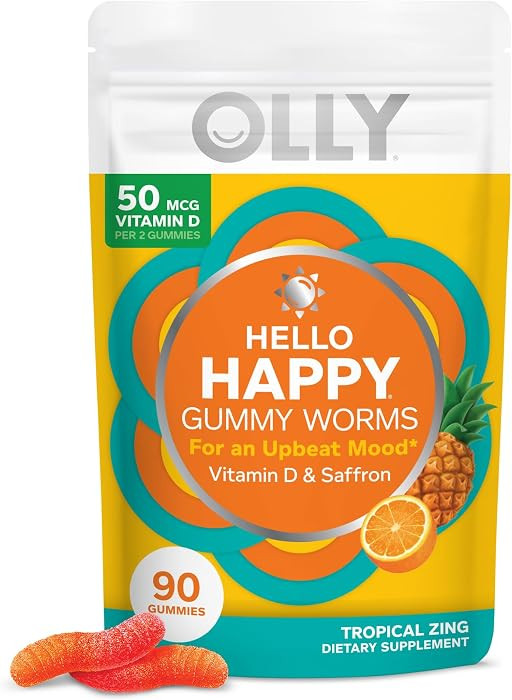 OLLY Hello Happy Gummy Worms, Mood Balance Support, Vitamin D, Saffron, Adult Chewable Supplement... | Amazon (US)