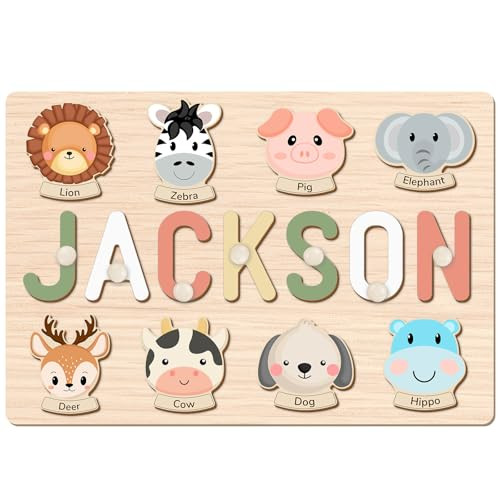AZUFEMOS Personalized Name Puzzle for Kids, Personalized Baby Gifts Custom Name Puzzles for Toddlers 1-3 Animal Puzzle, Customized 1st Birthday for Girls & Boys Wooden Puzzle Montessor Toys for Kids | Amazon (US)