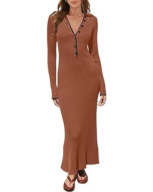 MEROKEETY Women's Long Sleeve V Neck Sweater Dress Button Ribbed Knit Slim Fit Elegant Maxi Dress... | Amazon (US)