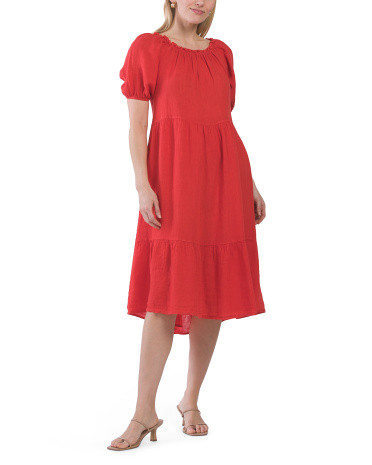 Made In Italy Linen Tiered Midi Dress With Balloon Sleeves | TJ Maxx