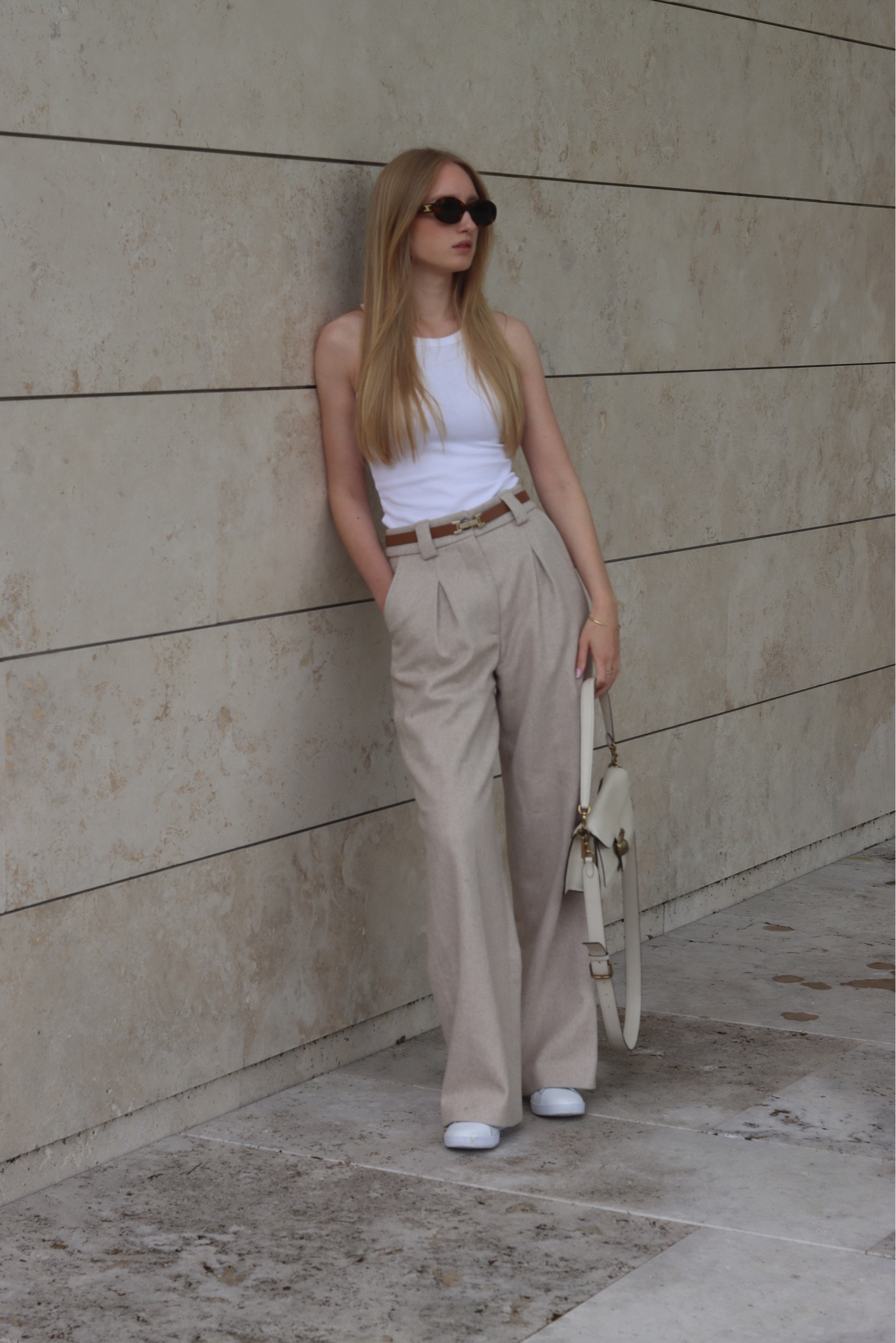 Neutral look 🤎

— I wear 34 of the trousers as a 1.75m girl 

Wool trousers, beige wide leg trousers, brown belt, leather belt, tank top, white top, celine Triomphe sunglasses #LTKFind

#LTKeurope #LTKstyletip