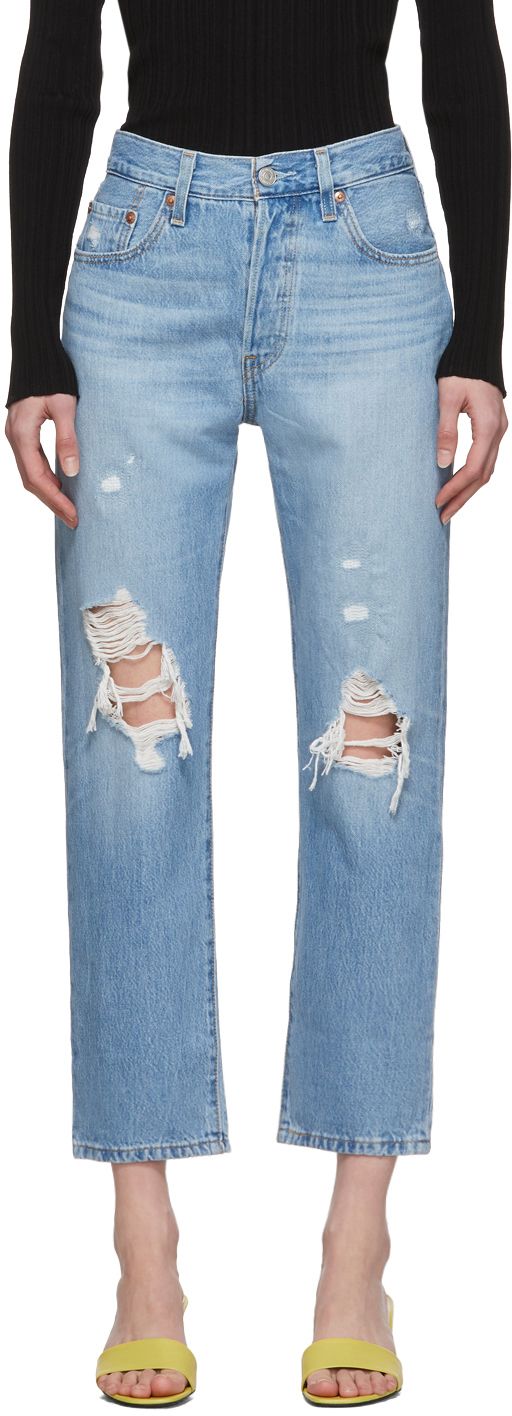 Blue 501 Original Cropped Ripped Jeans | SSENSE