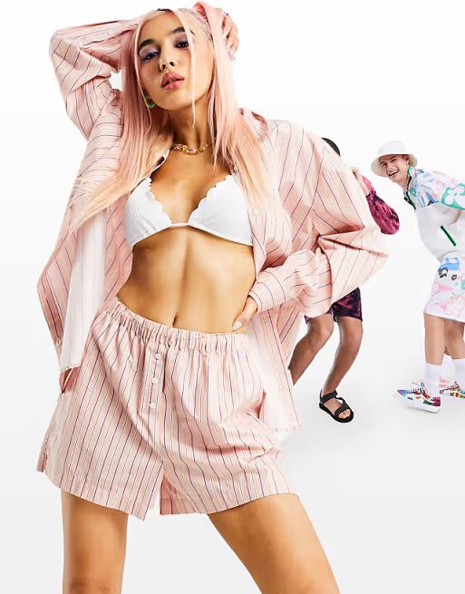 ASOS DESIGN mix and match oversized cotton poplin shirt in pink stripe | ASOS (Global)