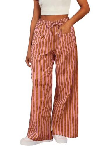 Acelitt Women's Casual Striped Color Block Pants Drawstring Elastic Waist 2025 Fall Trendy Comfy Loose Wide Leg Pants Trousers with Pockets Red Small | Amazon (US)