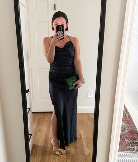 wore this ruched navy satin dress to a gala & it was perfect! paired with gold heels that look like loeffler Randall but less than $50 & comfy 

#LTKparties #LTKfindsunder100 #LTKover40