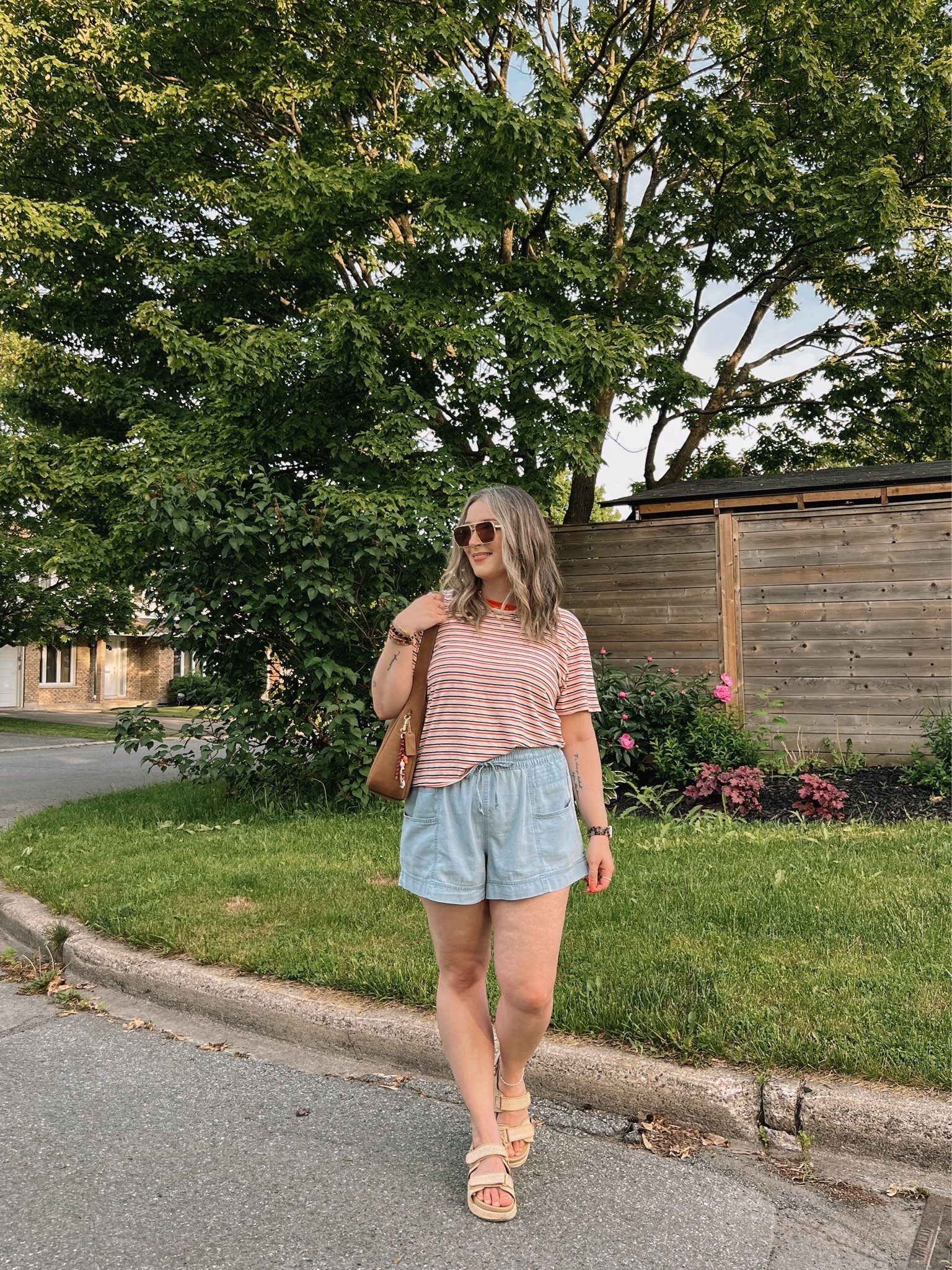 Comfy casual summer outfit! Wearing my usual size L in the shorts, sized up to XL in the striped tee for a looser fit. Linked similar platform sandals

#LTKsummer #LTKmidsize #LTKstyletip