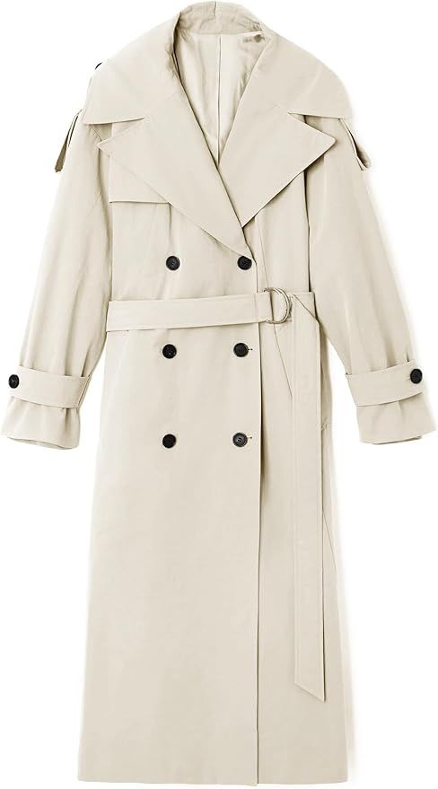 Farktop Womens Oversized Long Trench Coat Double Breasted Lapel Windproof Overcoat with Belt | Amazon (US)