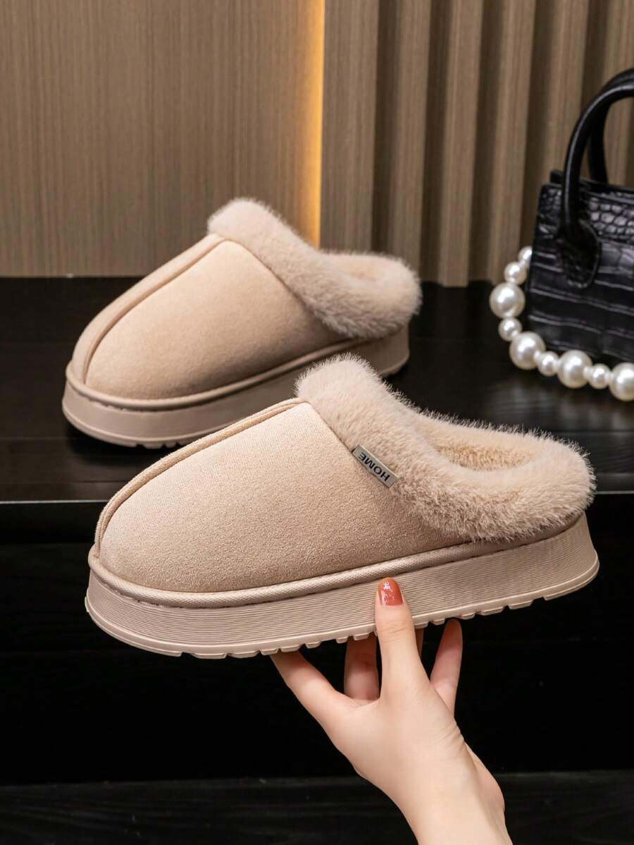 Women's Bootie Fluffy Beige Slippers Warm Cozy Slipper Boots With Fuzzy Plush Lining And Collar, ... | SHEIN