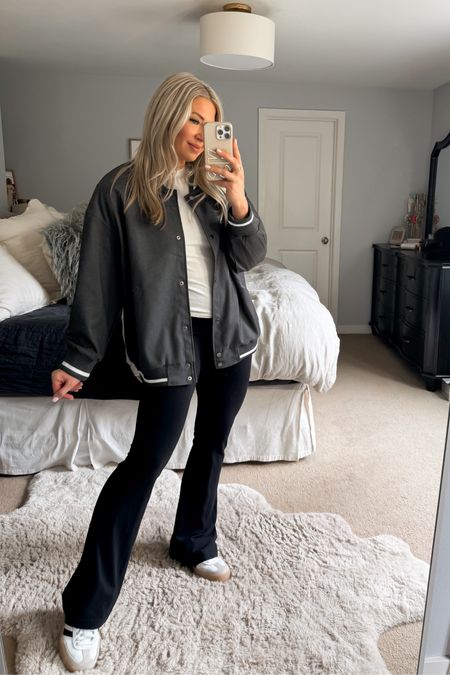 Varsity style bomber jacket from Vici. It’s so cute and comes in three colors. Groove flare lululemon pants and adidas 
I sized up in the Walmart T-shirt 
Mom style 

#LTKover40 #LTKfindsunder50 #LTKstyletip