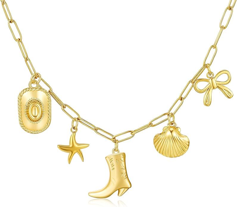 Coastal Cowgirl Charm Necklace Choker Gold Shell Starfish Beach Charm Necklace Trendy Summer Jewe... | Amazon (US)