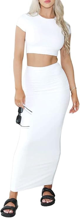Two Piece Skirt Set for Women 2 PC Y2K Outfits Short Sleeve Crop Tops Bodycon High Waist Long Max... | Amazon (US)