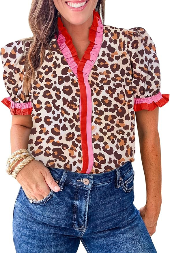 Cicy Bell Womens Summer Floral Print Tops Casual Puff Short Sleeve Ruffle V Neck Button Down Shir... | Amazon (US)