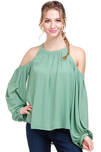 NAKED ZEBRA WOMEN'S LONG SLEEVE COLD SHOULDER BLOUSE WITH STRAPPY BACK SOFT GREEN SMALL | Amazon (US)