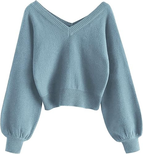 ZAFUL Women's Cropped Sweater V-Neck Long Sleeve Crop Sweater Pullover Jumper Knit Top | Amazon (US)