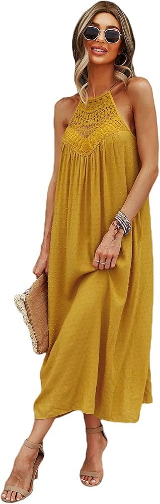 SheIn Women's Swiss Dot Hollow Out Sleeveless Maxi Swing Dress Strappy Lace Solid Cami Dresses | Amazon (US)