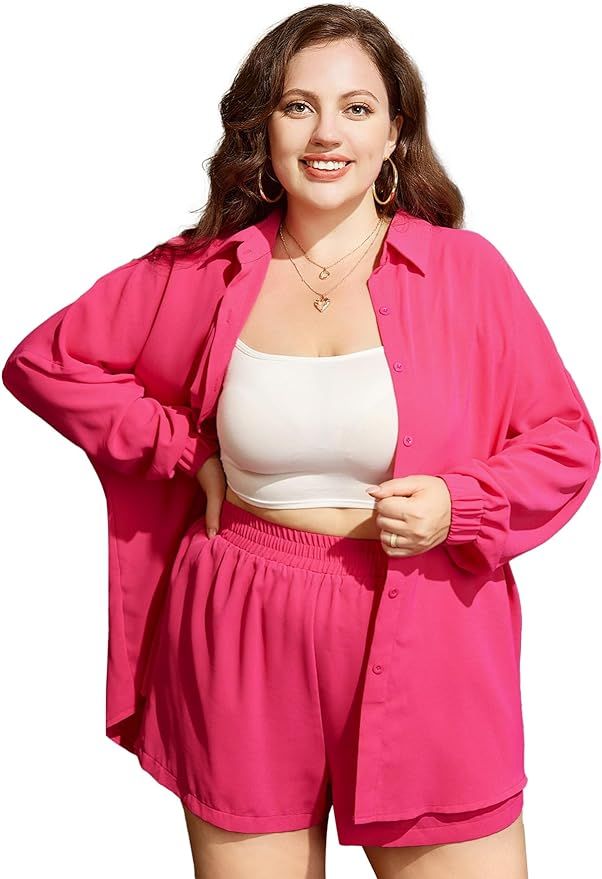 MakeMeChic Women's Plus Size Casual 2 Piece Outfits Long Sleeve Button Down Blouse and Shorts Set | Amazon (US)