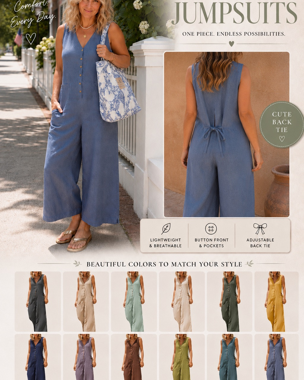 I’m loving these linen jumpsuits and floral tote bags for warm-weather days. They’re comfortable, lightweight, and effortless to throw on while still looking put together.

The blue linen jumpsuit is one of those pieces that works for everything—from errands and lunch dates to vacation strolls and weekend markets. Paired with a beautiful floral tote and metallic sandals, it gives that relaxed coastal look I’m always drawn to.
-
linen jumpsuit, blue linen jumpsuit, women’s summer fashion, midsize fashion, over 50 style, casual summer outfit, coastal grandmother style, Hamptons style, floral tote bag, blue and white tote bag, vacation outfit, resort wear, comfortable summer clothing, women’s linen clothing, effortless summer style, fashion over 50, midsize outfit ideas, weekend outfit, market outfit, summer accessories, metallic sandals, coastal fashion, feminine style