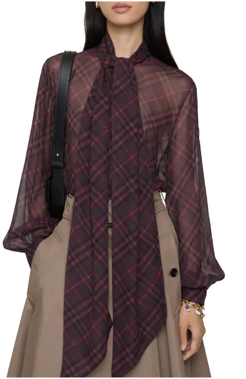 burberry Check Silk Scarf Blouse in Wine Red at Nordstrom, Size 10L | Nordstrom