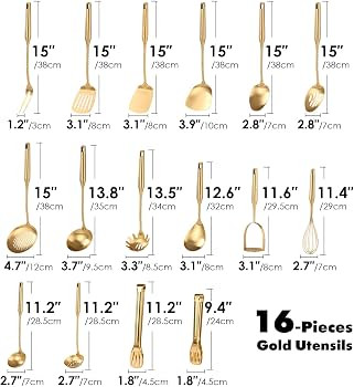 Gold Cooking Utensils Set - 16 PCS All Metal Small and Large Spoons Set | Amazon (US)