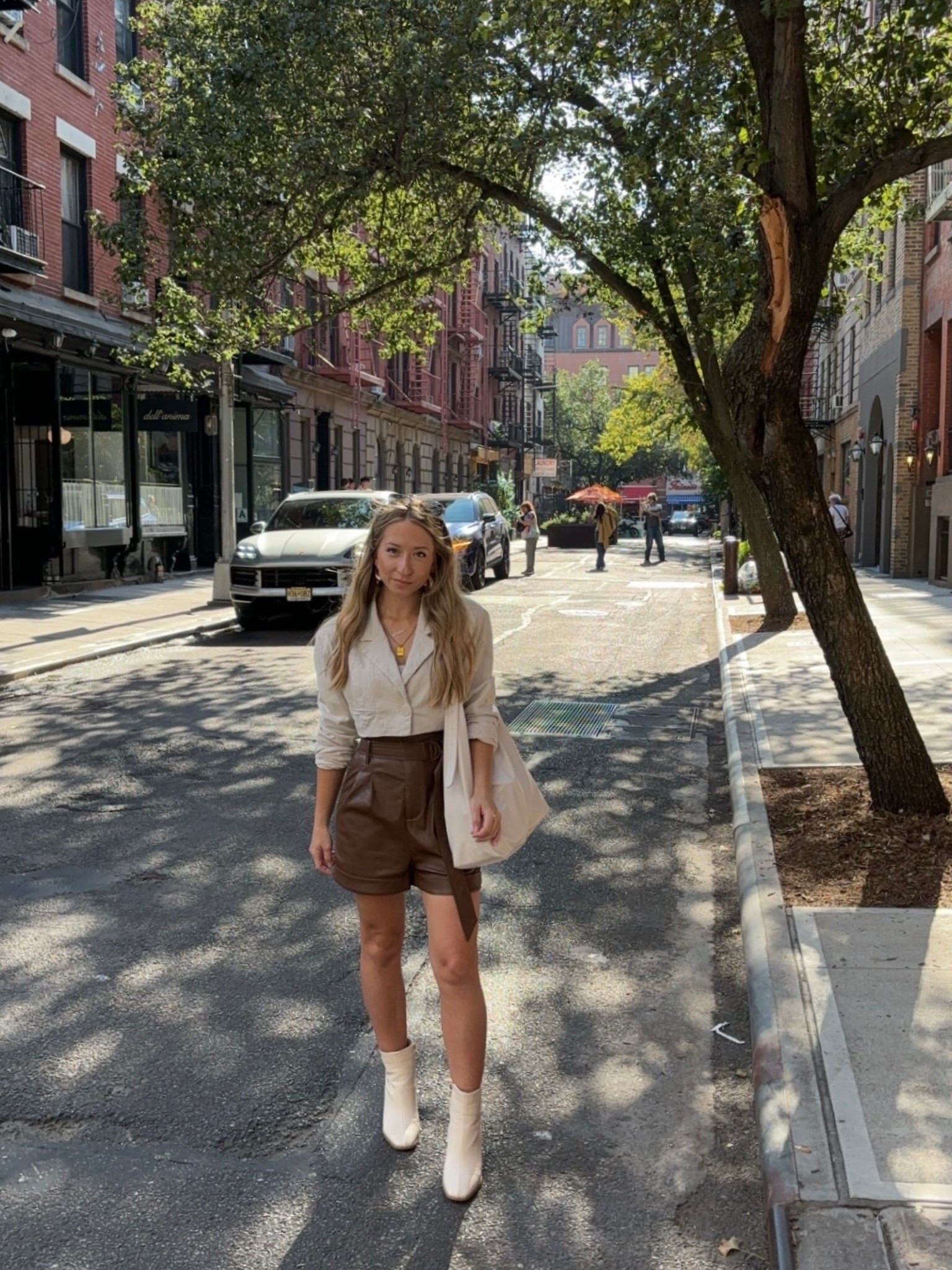 fall outfit in the west village with brown leather shorts and a cropped blazer jacket - linked similar from amazon🤎🍂 new york city outfit ideas🚕✨

#LTKSeasonal #LTKStyleTip #LTKTravel