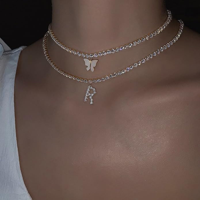 Letter Necklace 14k Gold Plated Tennis Chain Initial Choker CZ Diamond Necklace for Women | Amazon (US)