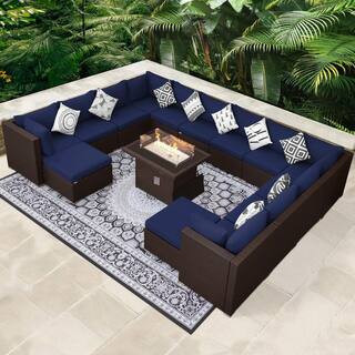 15-Piece Wicker Outdoor Sectional Patio Furniture Conversation Set with 60,000 BTU Fire Pit Table, Navy Blue Cushions | The Home Depot
