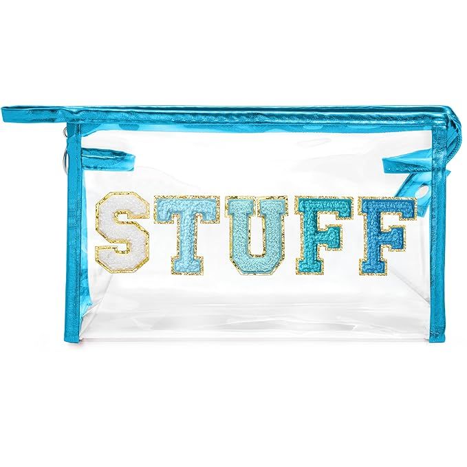 Y1tvei STUFF Summer Makeup Bag - Preppy Patch Chenille Varsity Letter Transparent PVC Clear Extra... | Amazon (US)