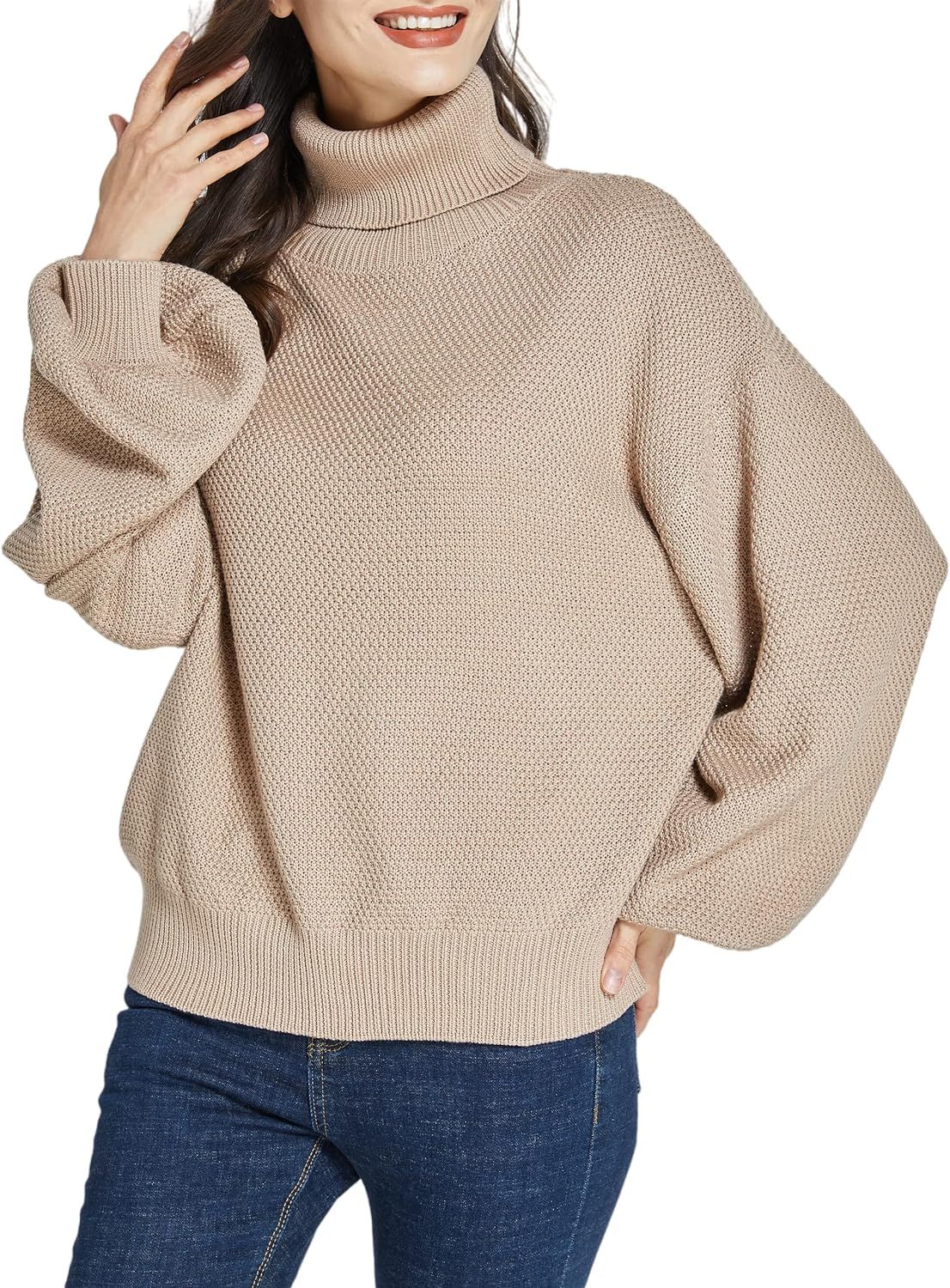 SSLR Womens Turtleneck Sweaters Casual Drop Shoulder Knit Pullover Jumper Tops Lantern Sleeve Ove... | Amazon (US)